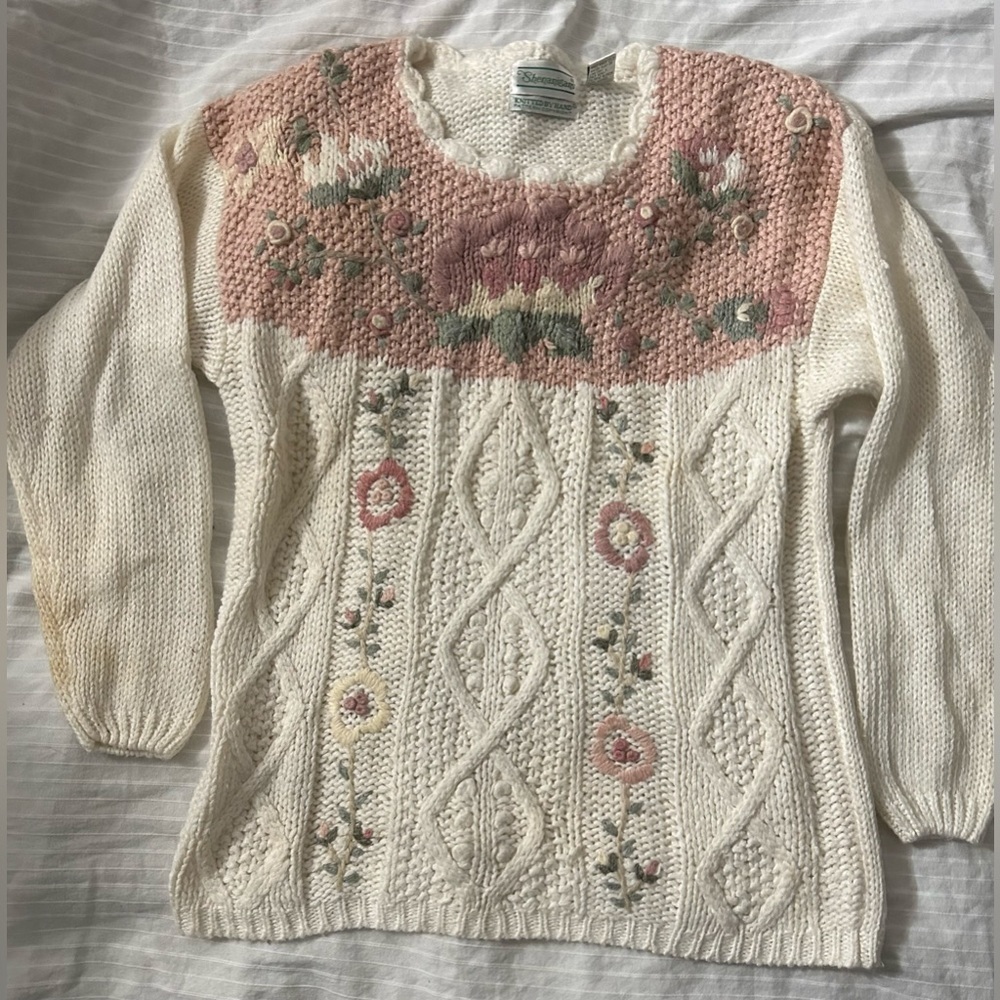 VTG Shenanigans Knitted By Hand Women’s Sweater Cream Vintage Floral Tunic Sz L